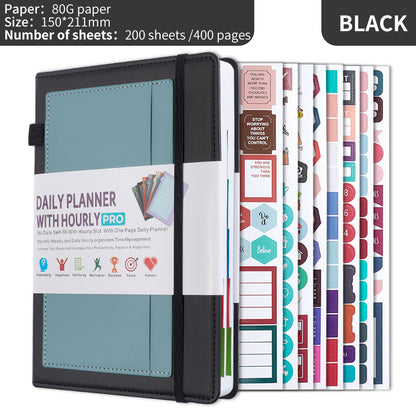 Black A5 PU Leather Agenda for Productivity & Time Management-Undated Daily & Hourly Planner Pro V888-ELOSUNG36531