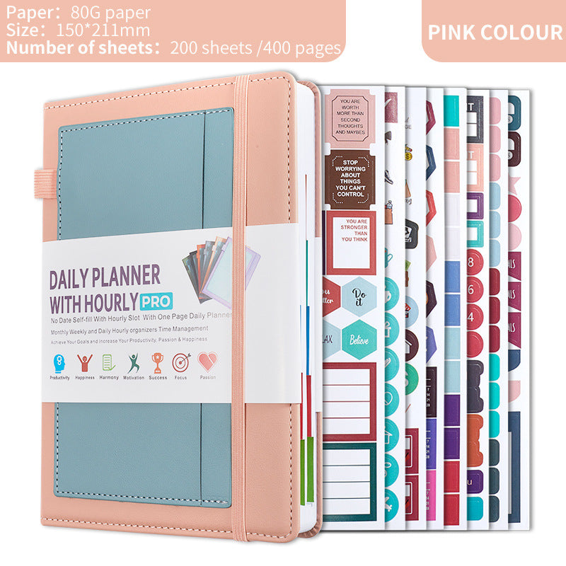 Pink A5 PU Leather Agenda for Productivity & Time Management-Undated Daily & Hourly Planner Pro V888-ELOSUNG36533