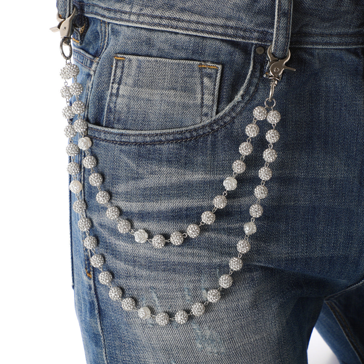 Silver and White Bling Rhinestone Beaded Wallet Chain - Double Layer Hip Hop Trouser Chain Jean Accessory(60g) V888-ELOSUNG36539
