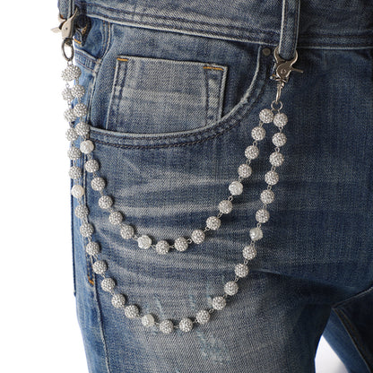 Silver and White Bling Rhinestone Beaded Wallet Chain - Double Layer Hip Hop Trouser Chain Jean Accessory(60g) V888-ELOSUNG36539
