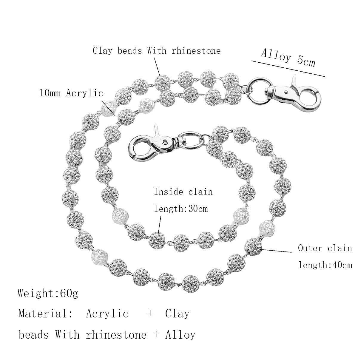 Silver and White Bling Rhinestone Beaded Wallet Chain - Double Layer Hip Hop Trouser Chain Jean Accessory(60g) V888-ELOSUNG36539