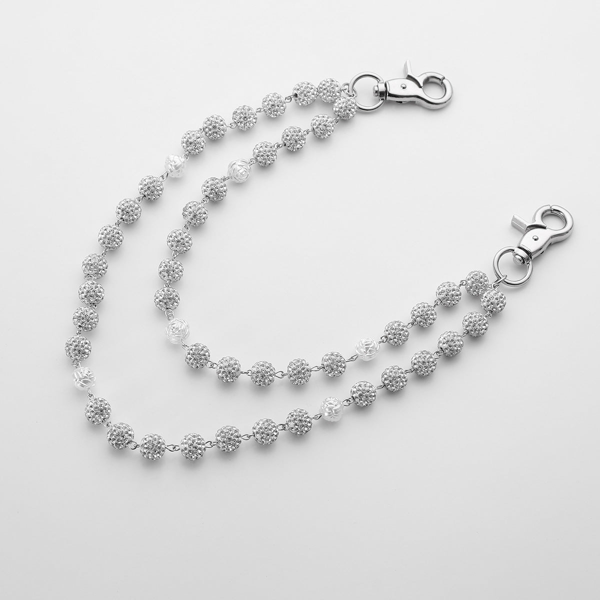 Silver and White Bling Rhinestone Beaded Wallet Chain - Double Layer Hip Hop Trouser Chain Jean Accessory(60g) V888-ELOSUNG36539