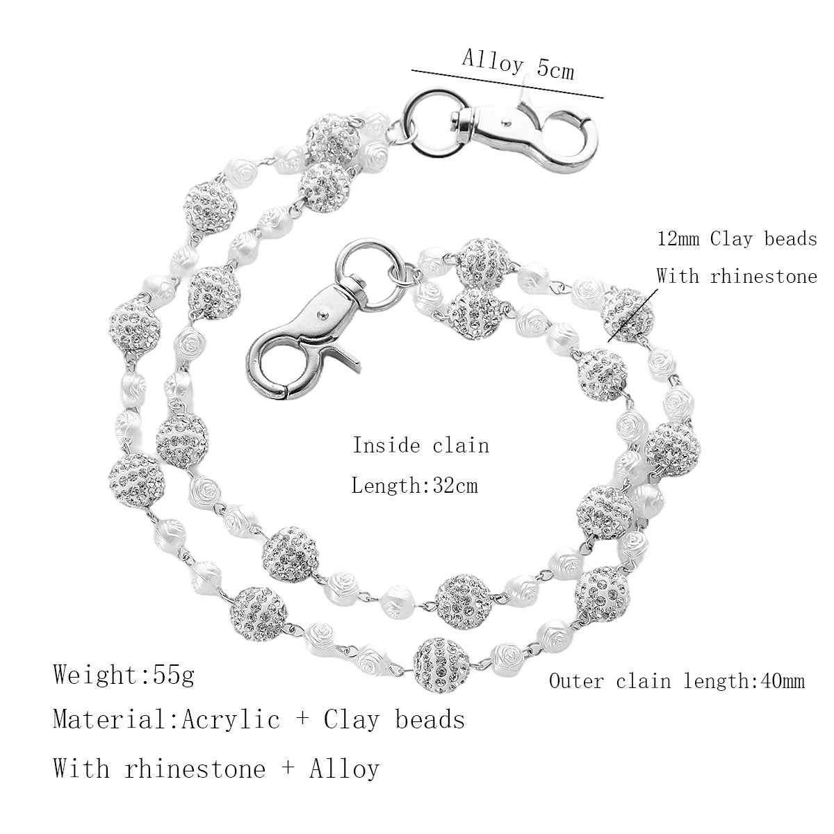 Silver and White Bling Rhinestone Beaded Wallet Chain - Double Layer Hip Hop Trouser Chain Jean Accessory(55g) V888-ELOSUNG36540