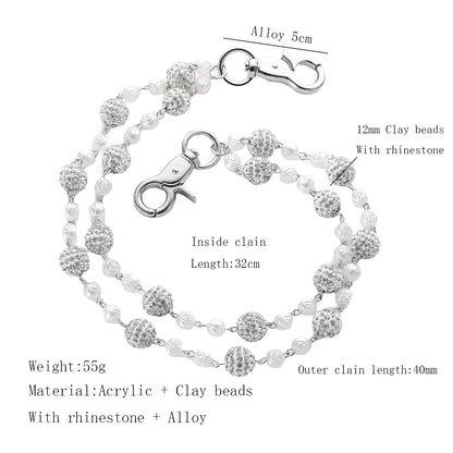 Silver and White Bling Rhinestone Beaded Wallet Chain - Double Layer Hip Hop Trouser Chain Jean Accessory(55g) V888-ELOSUNG36540