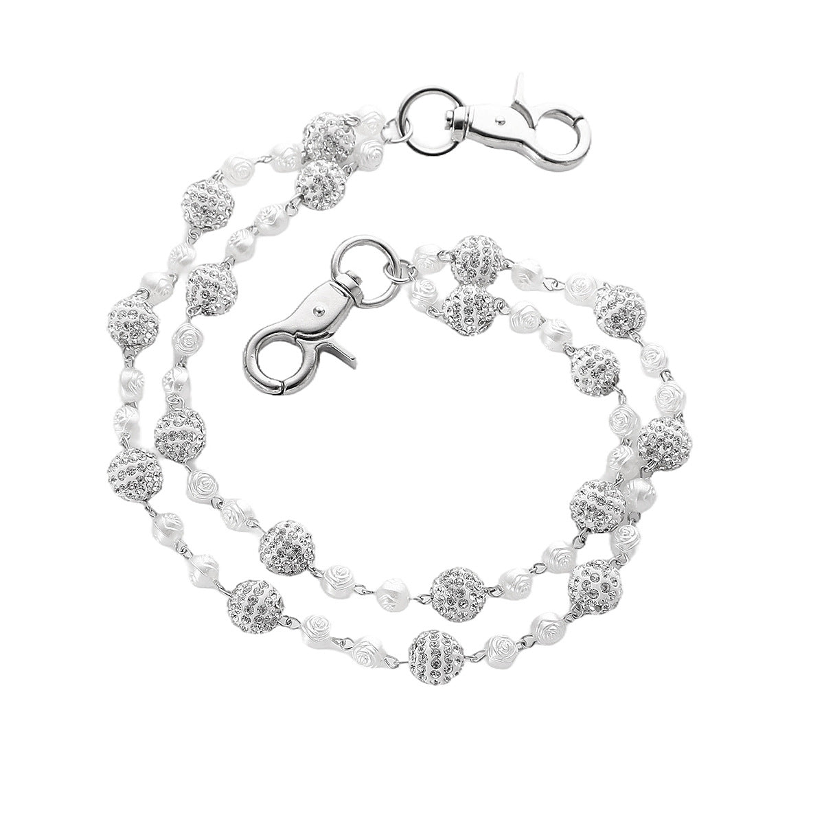 Silver and White Bling Rhinestone Beaded Wallet Chain - Double Layer Hip Hop Trouser Chain Jean Accessory(55g) V888-ELOSUNG36540