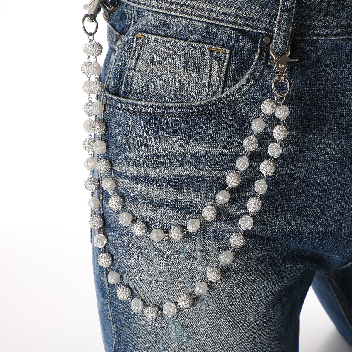 Silver and White Bling Rhinestone Beaded Wallet Chain - Double Layer Hip Hop Trouser Chain Jean Accessory(72g) V888-ELOSUNG36541