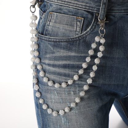 Silver and White Bling Rhinestone Beaded Wallet Chain - Double Layer Hip Hop Trouser Chain Jean Accessory(72g) V888-ELOSUNG36541
