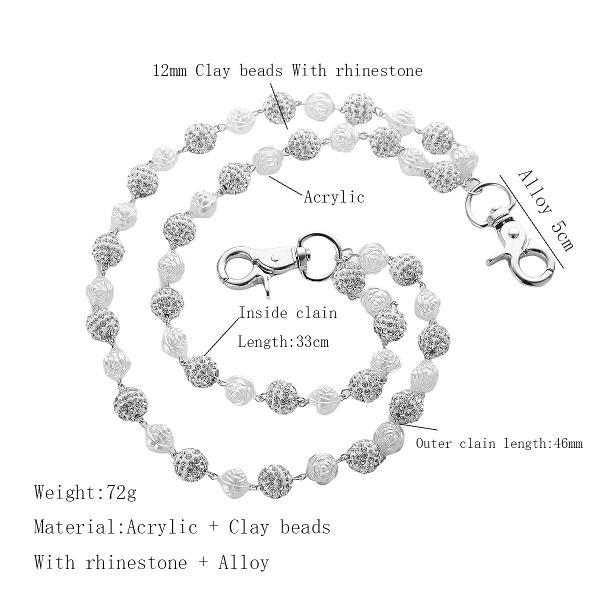 Silver and White Bling Rhinestone Beaded Wallet Chain - Double Layer Hip Hop Trouser Chain Jean Accessory(72g) V888-ELOSUNG36541