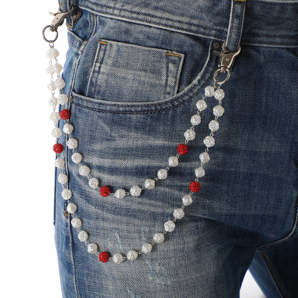 Red and White Bling Rhinestone Beaded Wallet Chain - Double Layer Hip Hop Trouser Chain Jean Accessory(45g) V888-ELOSUNG36542
