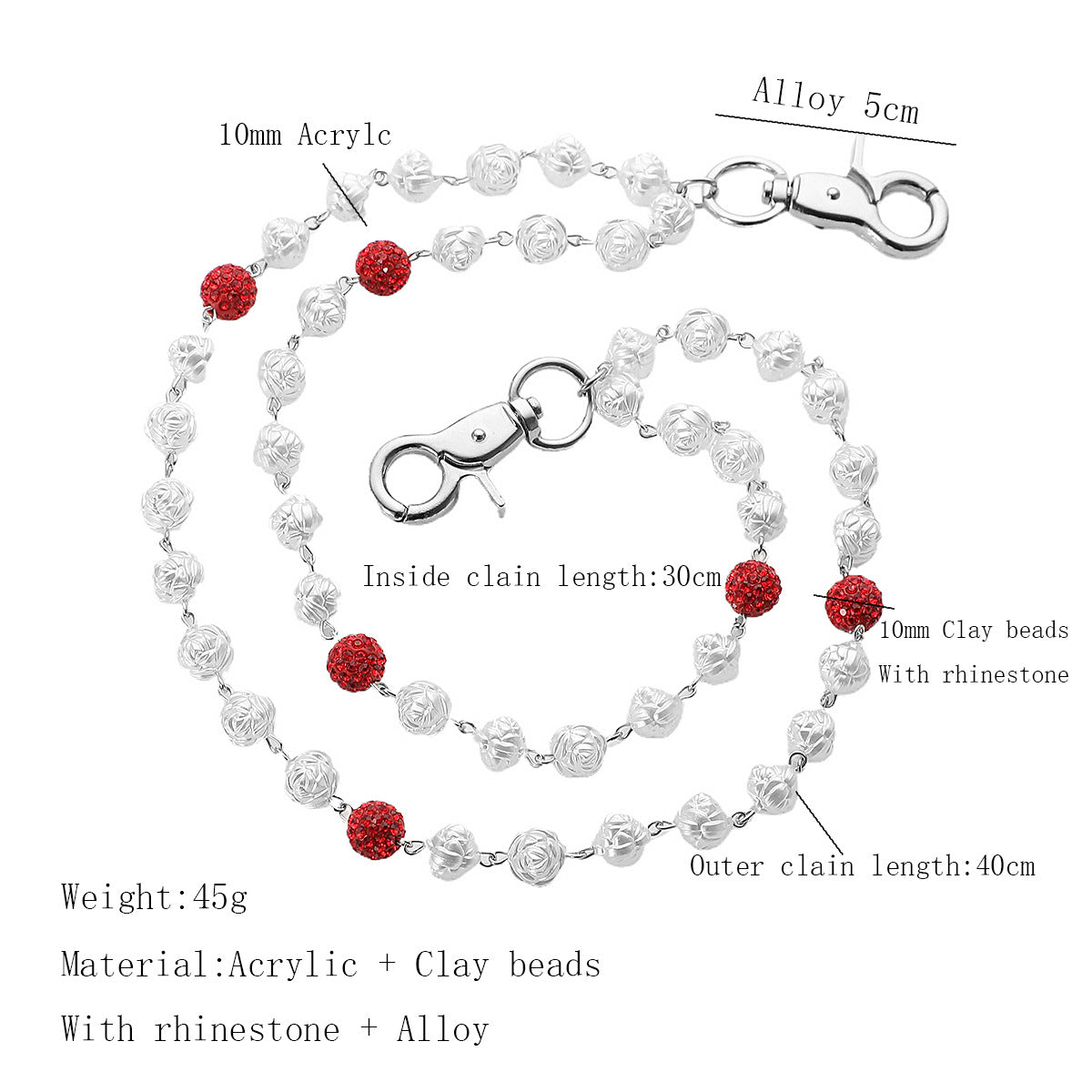 Red and White Bling Rhinestone Beaded Wallet Chain - Double Layer Hip Hop Trouser Chain Jean Accessory(45g) V888-ELOSUNG36542