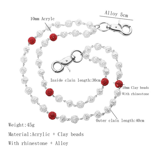 Red and White Bling Rhinestone Beaded Wallet Chain - Double Layer Hip Hop Trouser Chain Jean Accessory(45g) V888-ELOSUNG36542