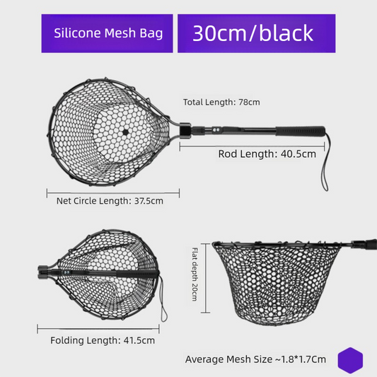 Black High Strength Large Landing Net - Fishing Net with Foldable Handle and Soft Rubber Netting, Dip Net for V888-ELOSUNG36554