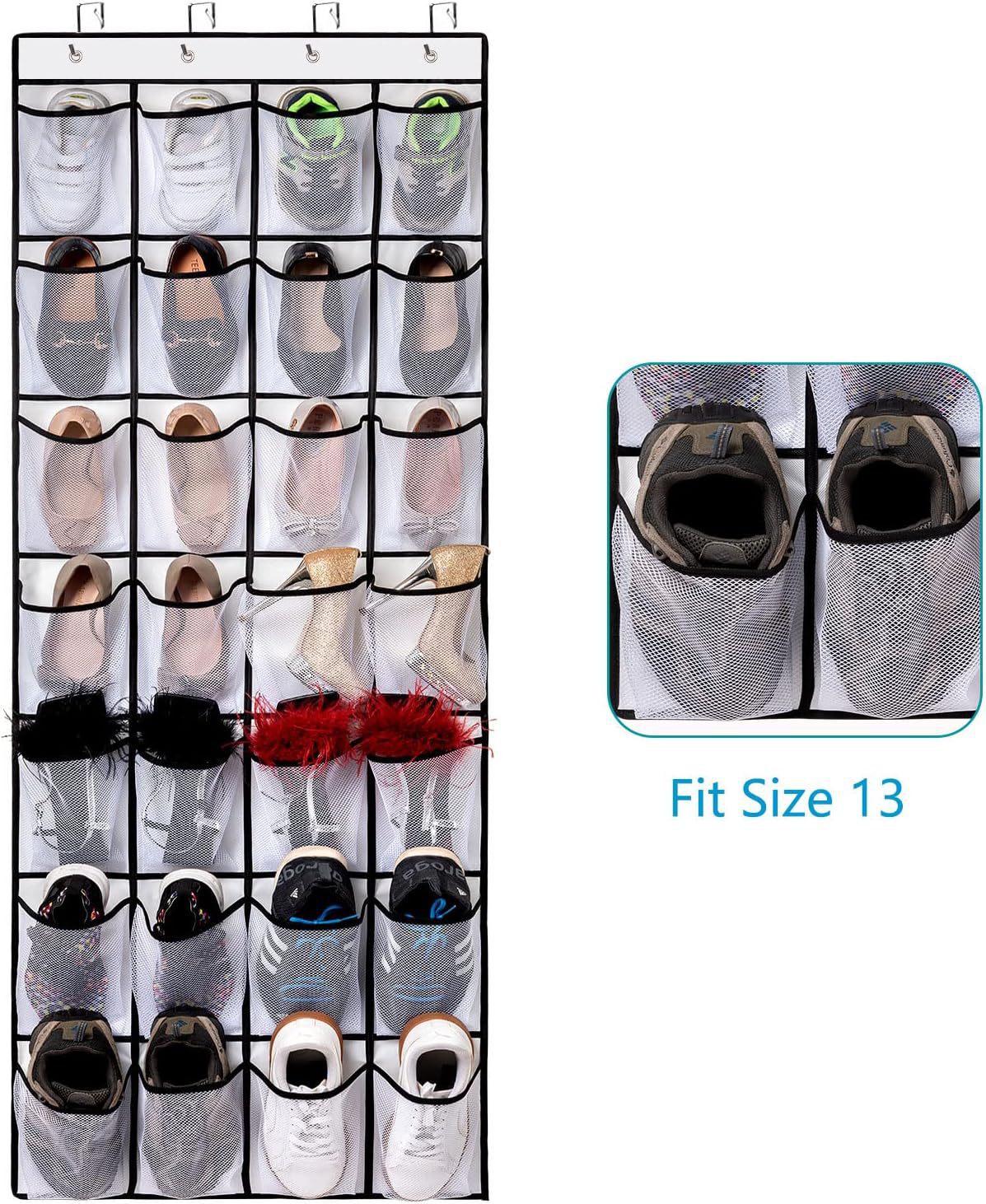 Black Over the Door Shoe Organizer with 24 Mesh Pockets - Space Saving Hanging Storage for Shoes, V888-ELOSUNG36566