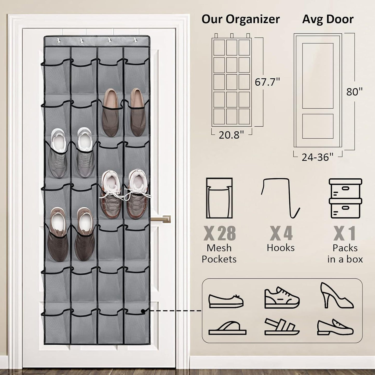 Black Over the Door Shoe Organizer with 24 Mesh Pockets - Space Saving Hanging Storage for Shoes, V888-ELOSUNG36566