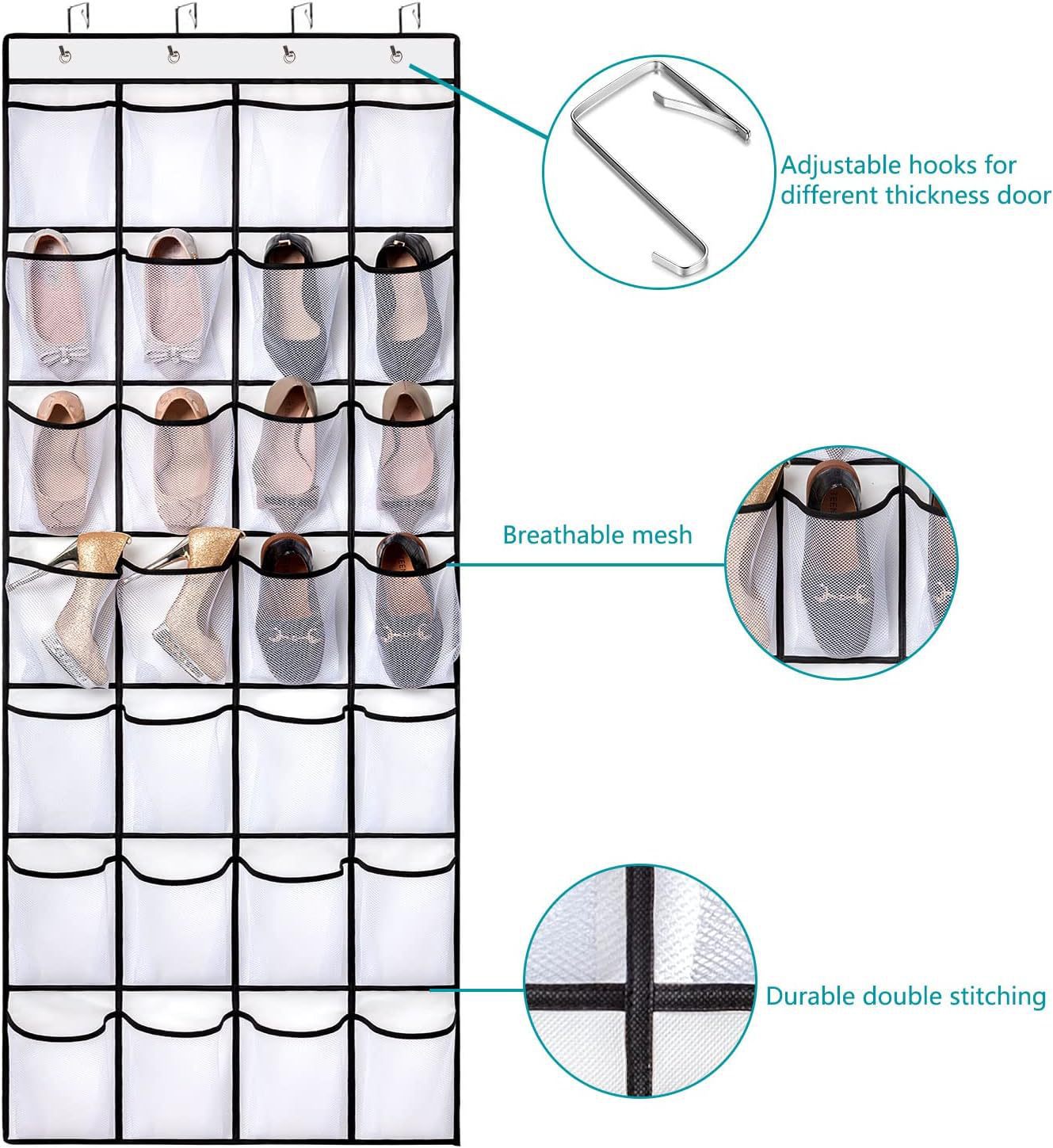 White Over the Door Shoe Organizer with 24 Mesh Pockets - Space Saving Hanging Storage for Shoes, V888-ELOSUNG36567