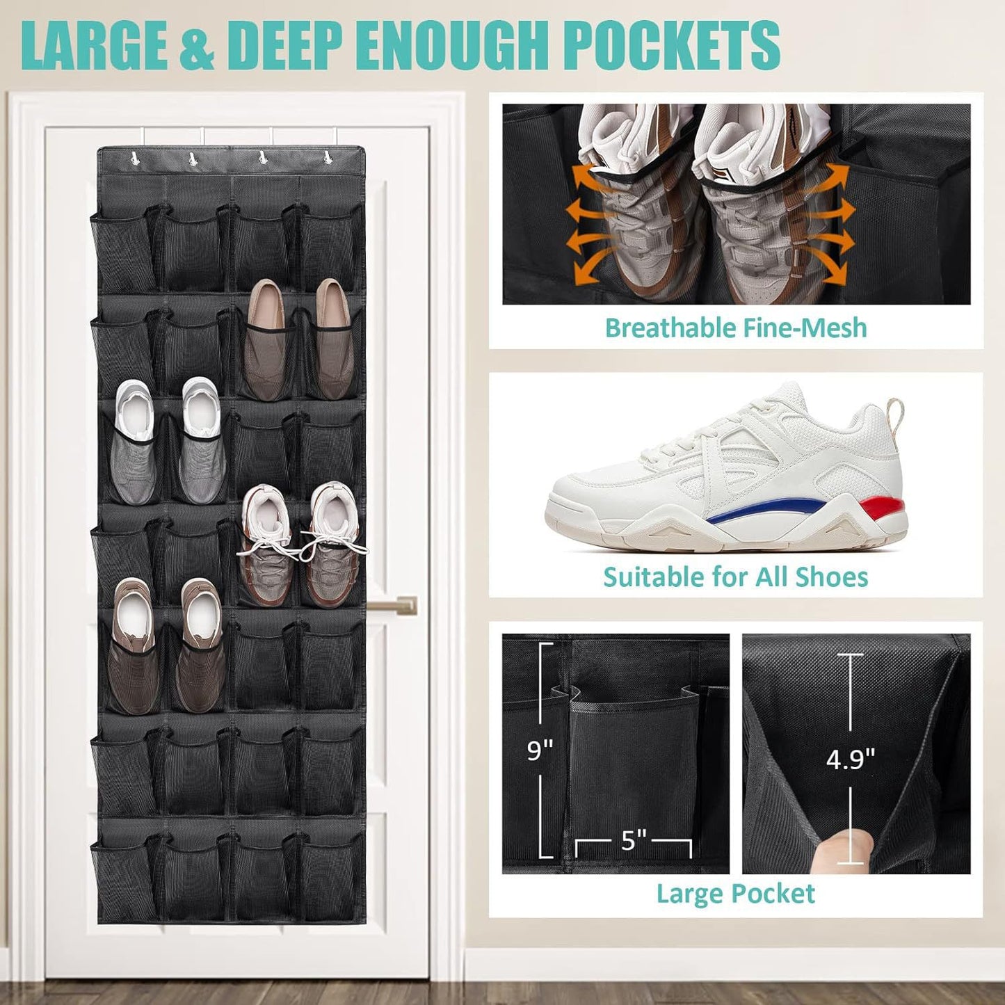 White Over the Door Shoe Organizer with 24 Mesh Pockets - Space Saving Hanging Storage for Shoes, V888-ELOSUNG36567