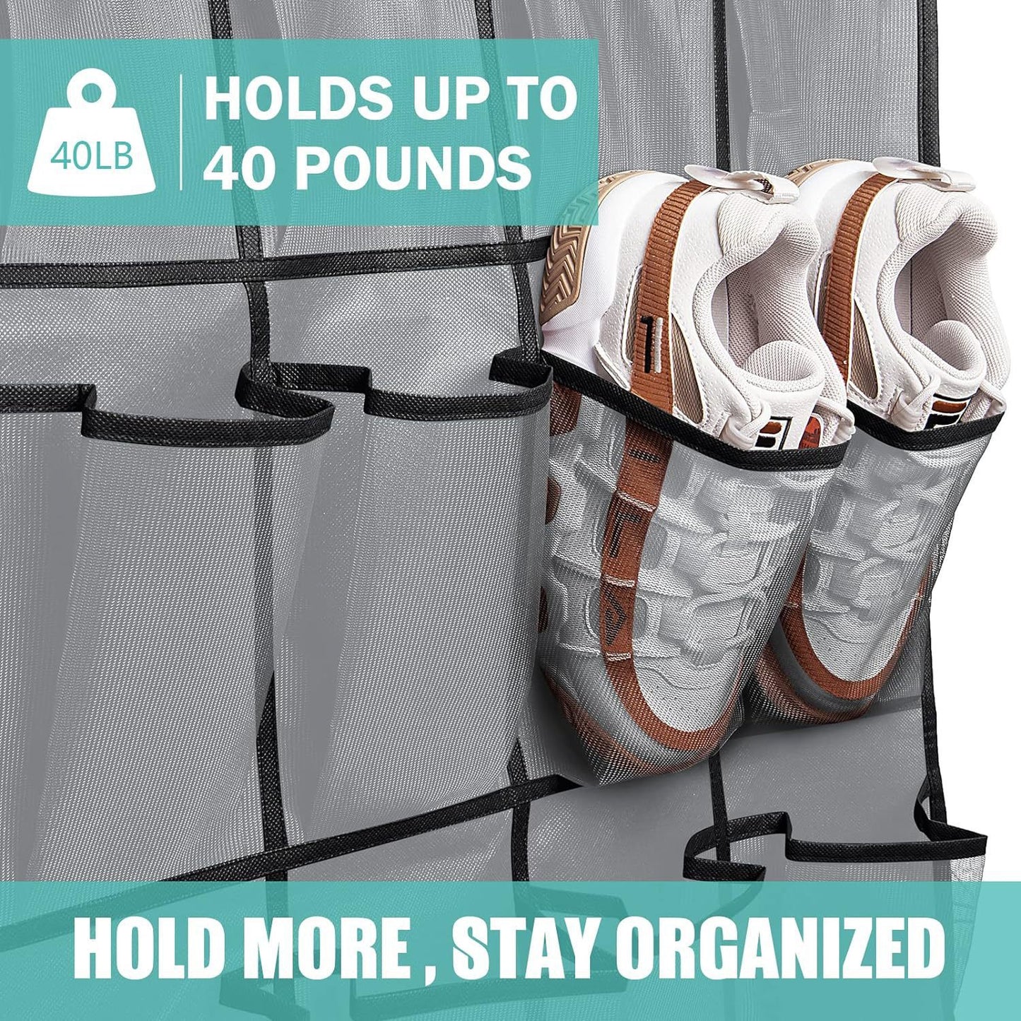 White Over the Door Shoe Organizer with 24 Mesh Pockets - Space Saving Hanging Storage for Shoes, V888-ELOSUNG36567