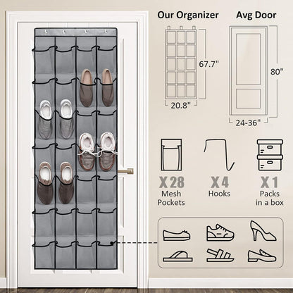 White Over the Door Shoe Organizer with 24 Mesh Pockets - Space Saving Hanging Storage for Shoes, V888-ELOSUNG36567
