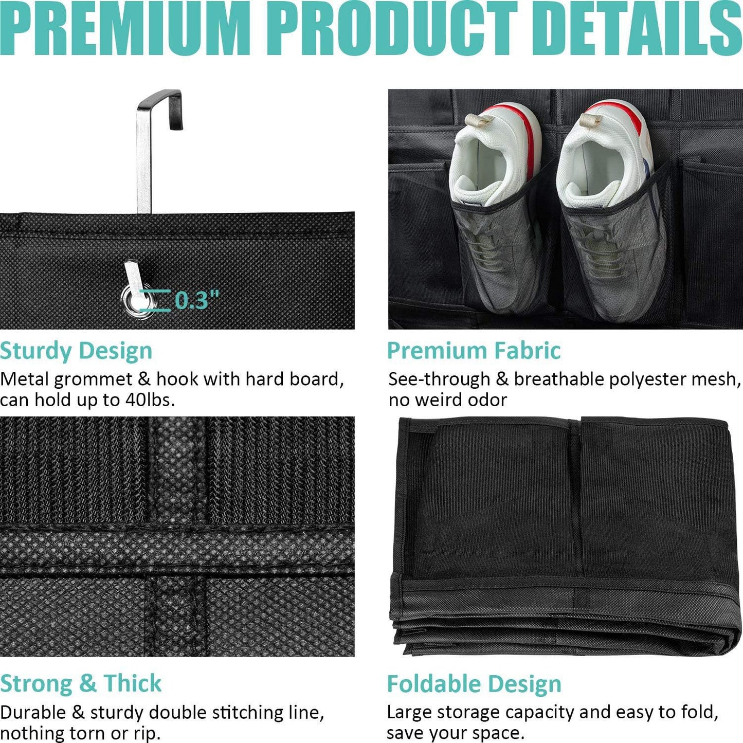 White Over the Door Shoe Organizer with 24 Mesh Pockets - Space Saving Hanging Storage for Shoes, V888-ELOSUNG36567
