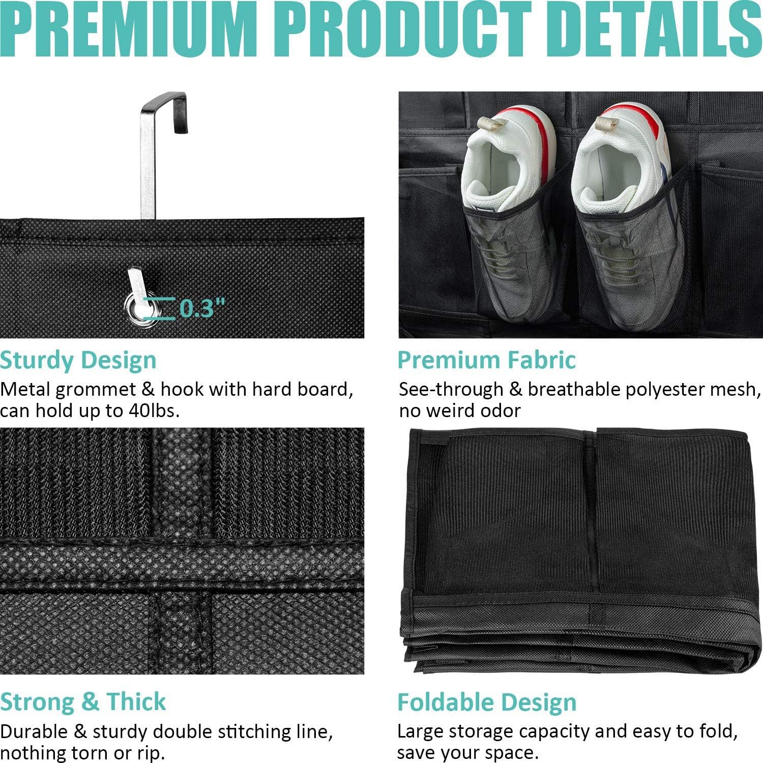 White Over the Door Shoe Organizer with 24 Mesh Pockets - Space Saving Hanging Storage for Shoes, V888-ELOSUNG36567