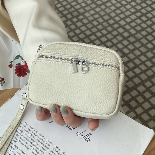 Beige Women's Mini Genuine Leather Coin Purse Double Zipper Organiser Multi-function Wristlet Wallet V888-ELOSUNG36583