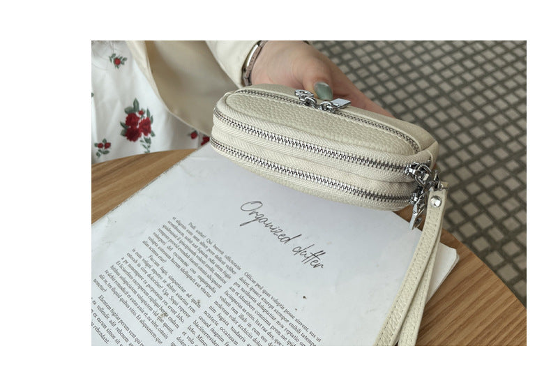 Beige Women's Mini Genuine Leather Coin Purse Double Zipper Organiser Multi-function Wristlet Wallet V888-ELOSUNG36583