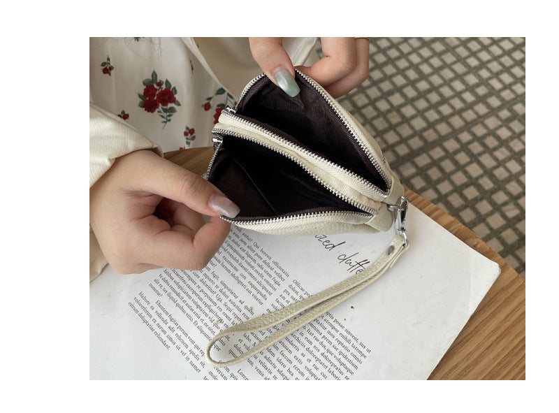 Beige Women's Mini Genuine Leather Coin Purse Double Zipper Organiser Multi-function Wristlet Wallet V888-ELOSUNG36583