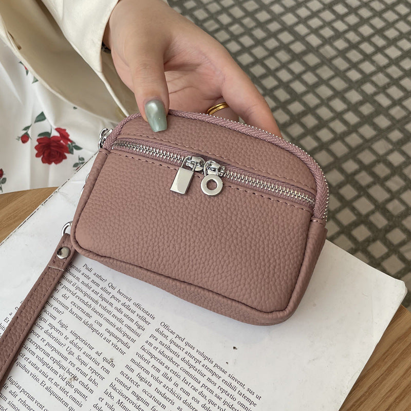 Dark Pink Women's Mini Genuine Leather Coin Purse Double Zipper Organiser Multi-function Wristlet Wallet V888-ELOSUNG36584