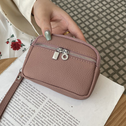 Dark Pink Women's Mini Genuine Leather Coin Purse Double Zipper Organiser Multi-function Wristlet Wallet V888-ELOSUNG36584