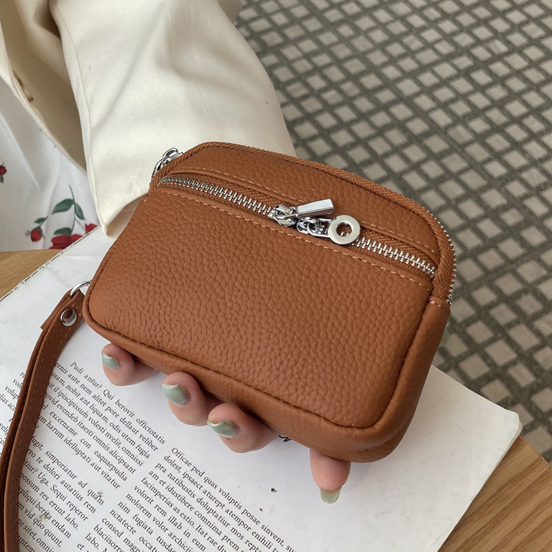 Brown Women's Mini Genuine Leather Coin Purse Double Zipper Organiser Multi-function Wristlet Wallet V888-ELOSUNG36585