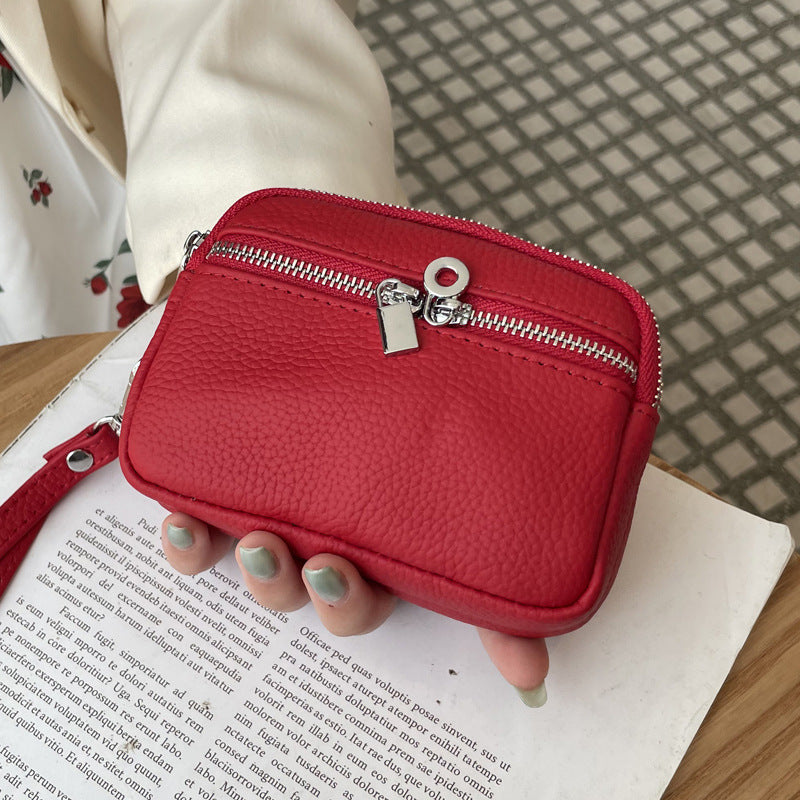 Red Women's Mini Genuine Leather Coin Purse Double Zipper Organiser Multi-function Wristlet Wallet V888-ELOSUNG36586