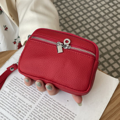 Red Women's Mini Genuine Leather Coin Purse Double Zipper Organiser Multi-function Wristlet Wallet V888-ELOSUNG36586