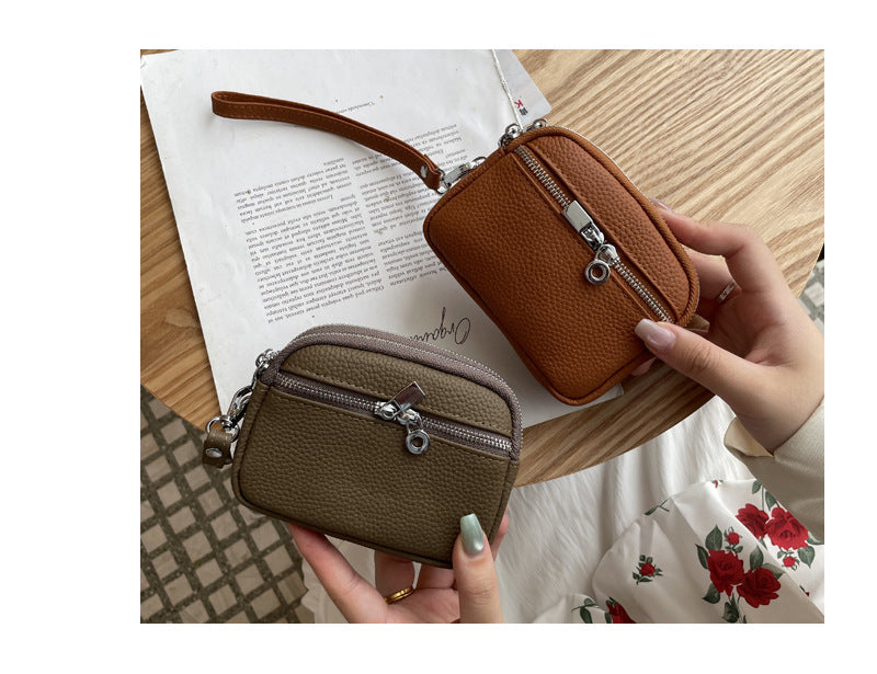 Red Women's Mini Genuine Leather Coin Purse Double Zipper Organiser Multi-function Wristlet Wallet V888-ELOSUNG36586
