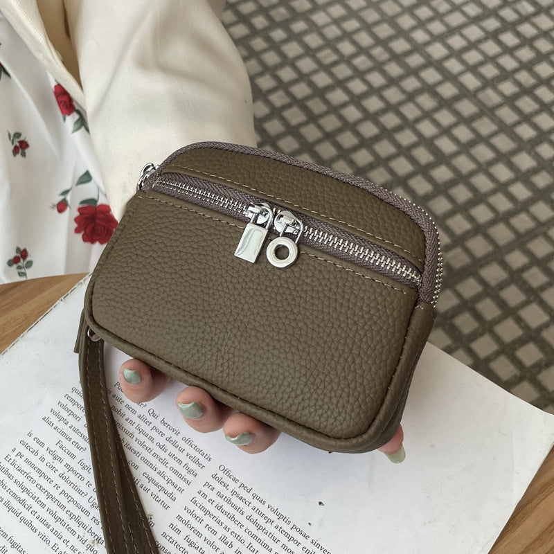 Olive Green Women's Mini Genuine Leather Coin Purse Double Zipper Organiser Multi-function Wristlet Wallet V888-ELOSUNG36587