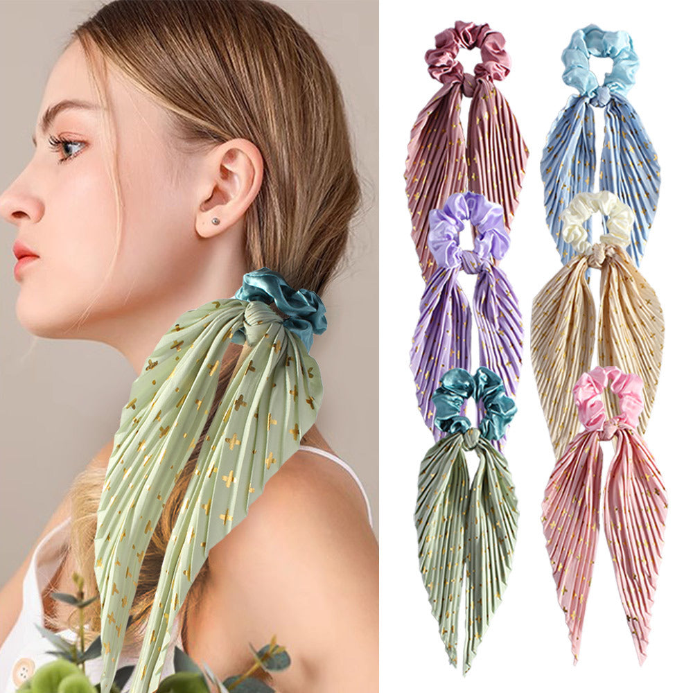 Handmade Pleated Scrunchie with Ribbon Ponytail Holder Hair Tie Hair Accessories 6 Colour Pack V888-ELOSUNG36594