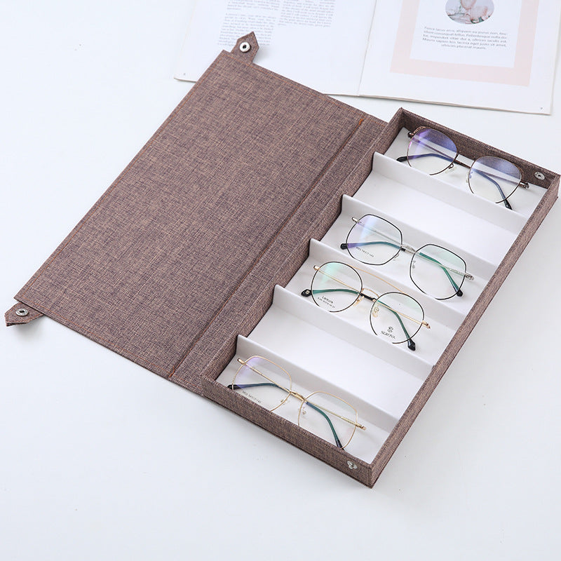 Brown Multi-Compartment Glasses Storage Box Dust-proof Fabric Eyewear Display Organiser with Snap Closure V888-ELOSUNG36619