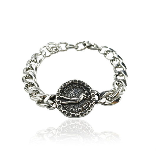 Silver Style 5 Men's Stainless Steel Curb Chain Bracelet - Retro Punk Hip Hop Style with Round Medallion V888-ELOSUNG36639