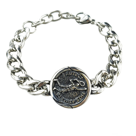 Silver Style 6 Men's Stainless Steel Curb Chain Bracelet - Retro Punk Hip Hop Style with Round Medallion V888-ELOSUNG36640
