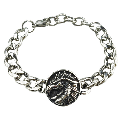 Silver Style 7 Men's Stainless Steel Curb Chain Bracelet - Retro Punk Hip Hop Style with Round Medallion V888-ELOSUNG36641
