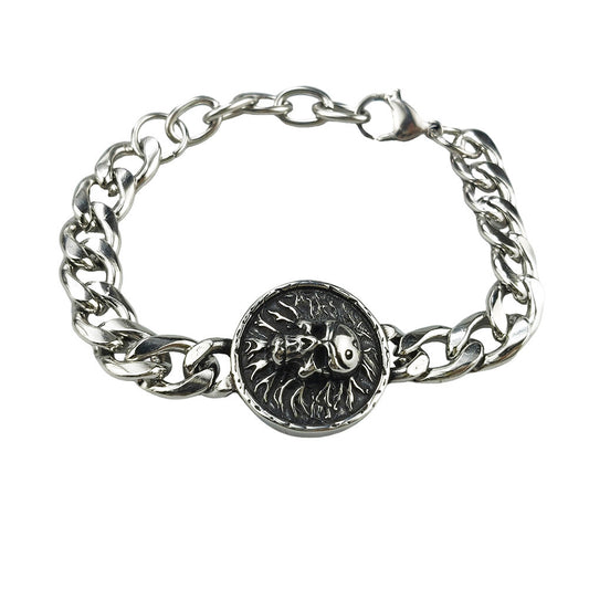 Silver Style 9 Men's Stainless Steel Curb Chain Bracelet - Retro Punk Hip Hop Style with Round Medallion V888-ELOSUNG36643