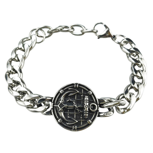 Silver Style 10 Men's Stainless Steel Curb Chain Bracelet - Retro Punk Hip Hop Style with Round Medallion V888-ELOSUNG36644
