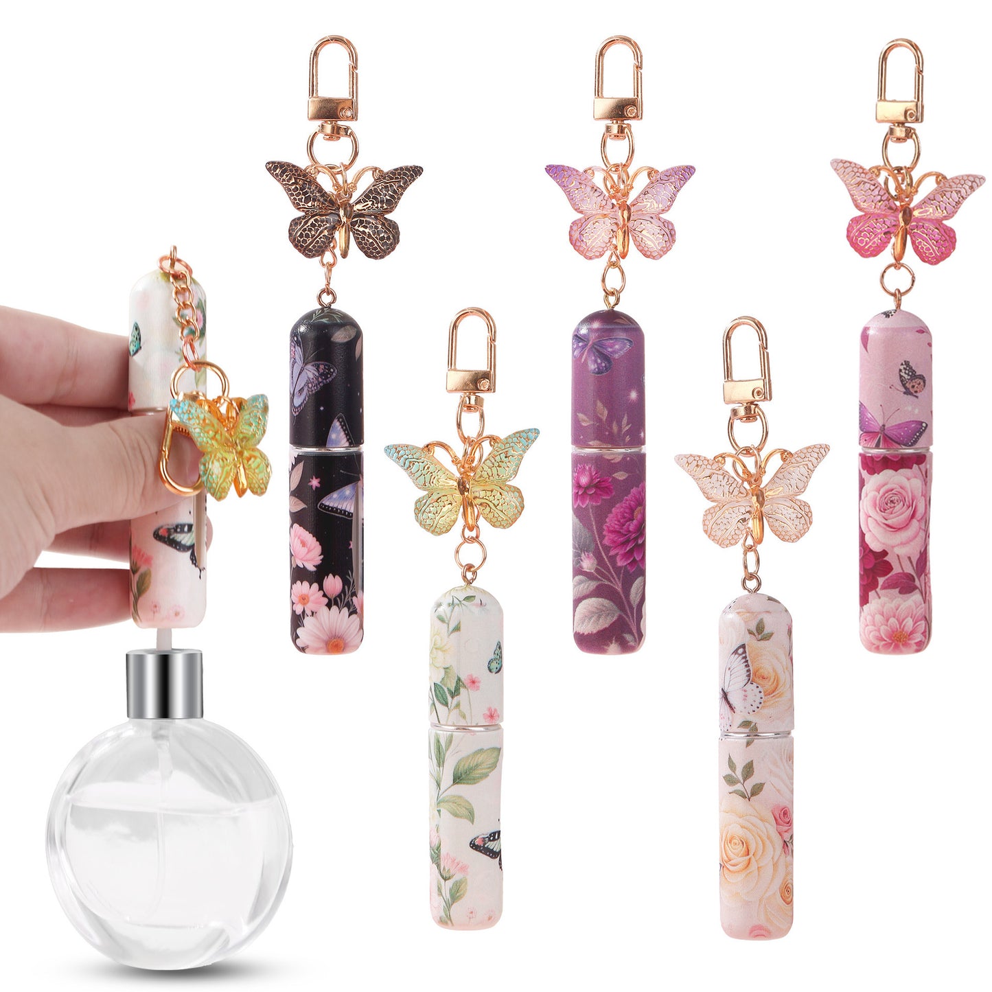 Pink 3 Pcs Portable 5ml Perfume Atomiser Keychain - Refillable Floral Spray Bottle with Butterfly Charm for V888-ELOSUNG36649