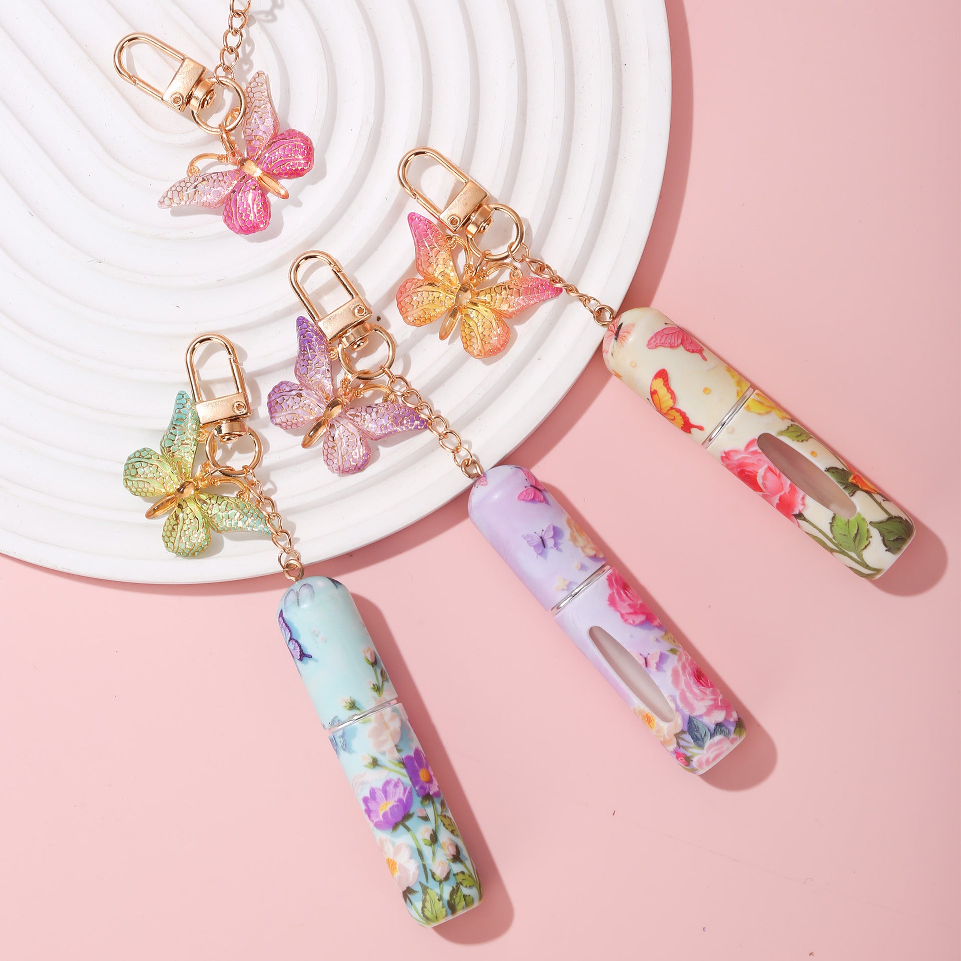 Random Color 3 Pcs Portable 5ml Perfume Atomiser Keychain - Refillable Floral Spray Bottle with Butterfly V888-ELOSUNG36654