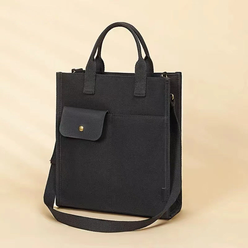 Black Unisex Canvas Tote Bag - Structured Vertical Shoulder Satchel with Front Pocket - Lightweight Crossbody V888-ELOSUNG36655