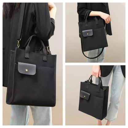 Black Unisex Canvas Tote Bag - Structured Vertical Shoulder Satchel with Front Pocket - Lightweight Crossbody V888-ELOSUNG36655