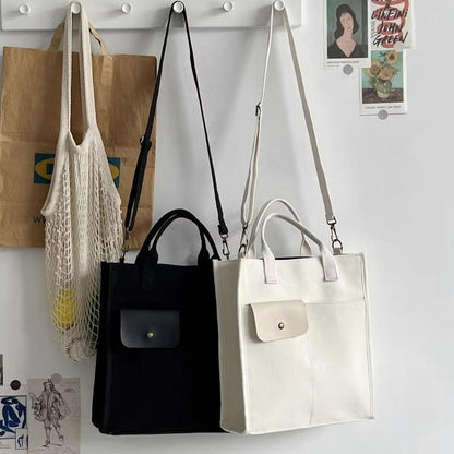Black Unisex Canvas Tote Bag - Structured Vertical Shoulder Satchel with Front Pocket - Lightweight Crossbody V888-ELOSUNG36655