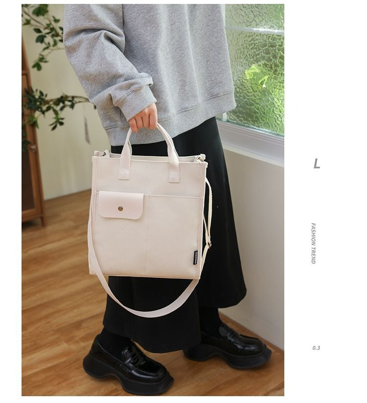 White Unisex Canvas Tote Bag - Structured Vertical Shoulder Satchel with Front Pocket - Lightweight Crossbody V888-ELOSUNG36656