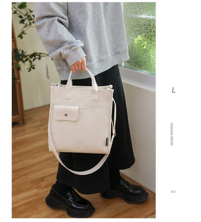 White Unisex Canvas Tote Bag - Structured Vertical Shoulder Satchel with Front Pocket - Lightweight Crossbody V888-ELOSUNG36656