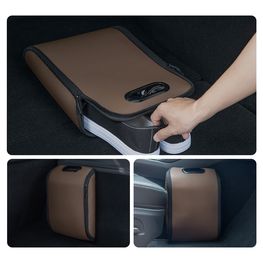 Brown Premium Car Under-Seat Shoe Organiser Box - PVC Leather Storage Case with Anti-Slip Velcro Fixation - V888-ELOSUNG36657