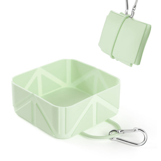 2 Pcs Green Portable 500ml Collapsible Square Pet Bowl - Silicone Travel Feeder with Carabiner Clip for Dogs V888-ELOSUNG36665